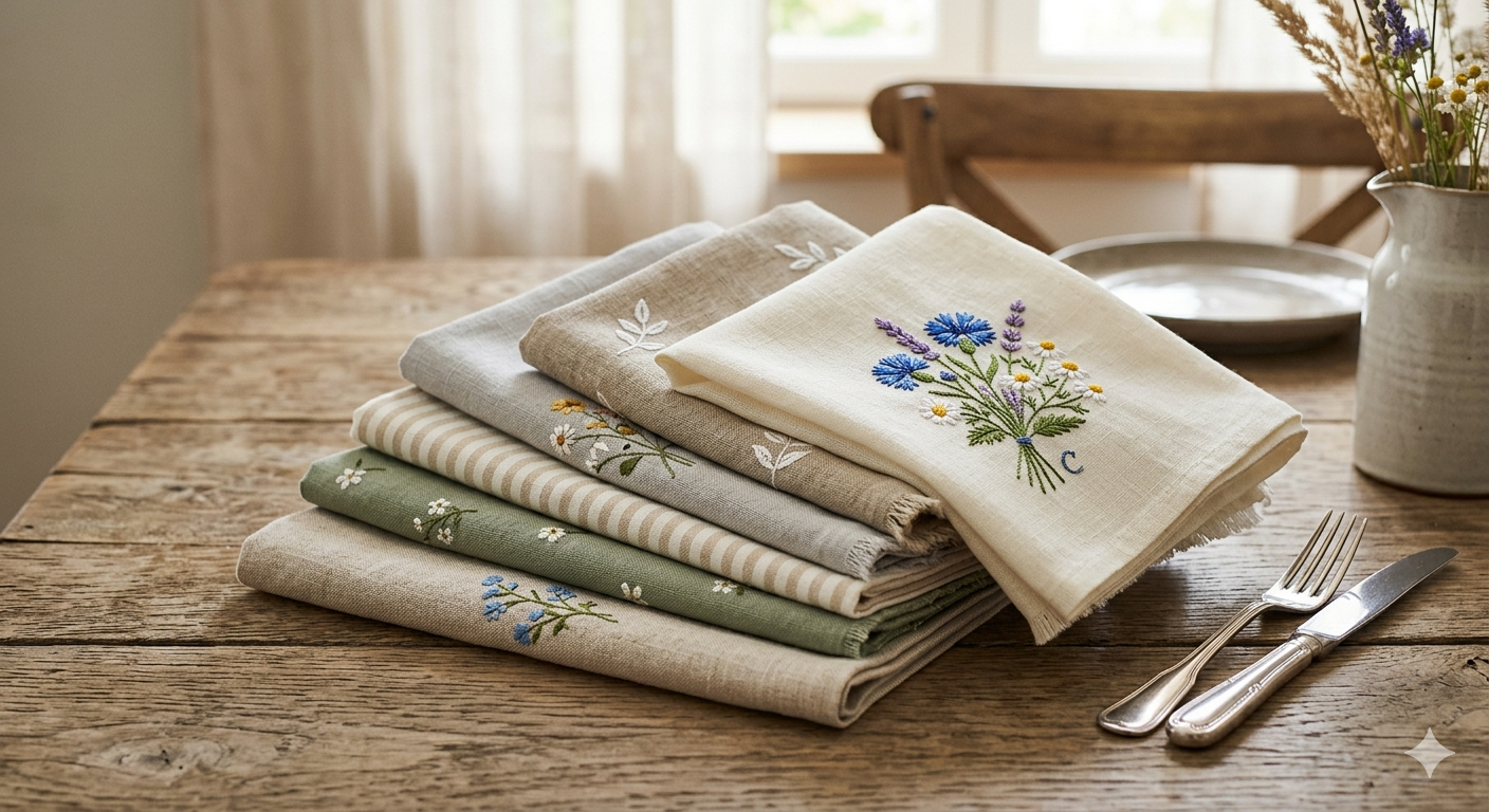 Khăn ăn vải lanh thêu hoa cỏ _bộ sưu tập mùa xuân