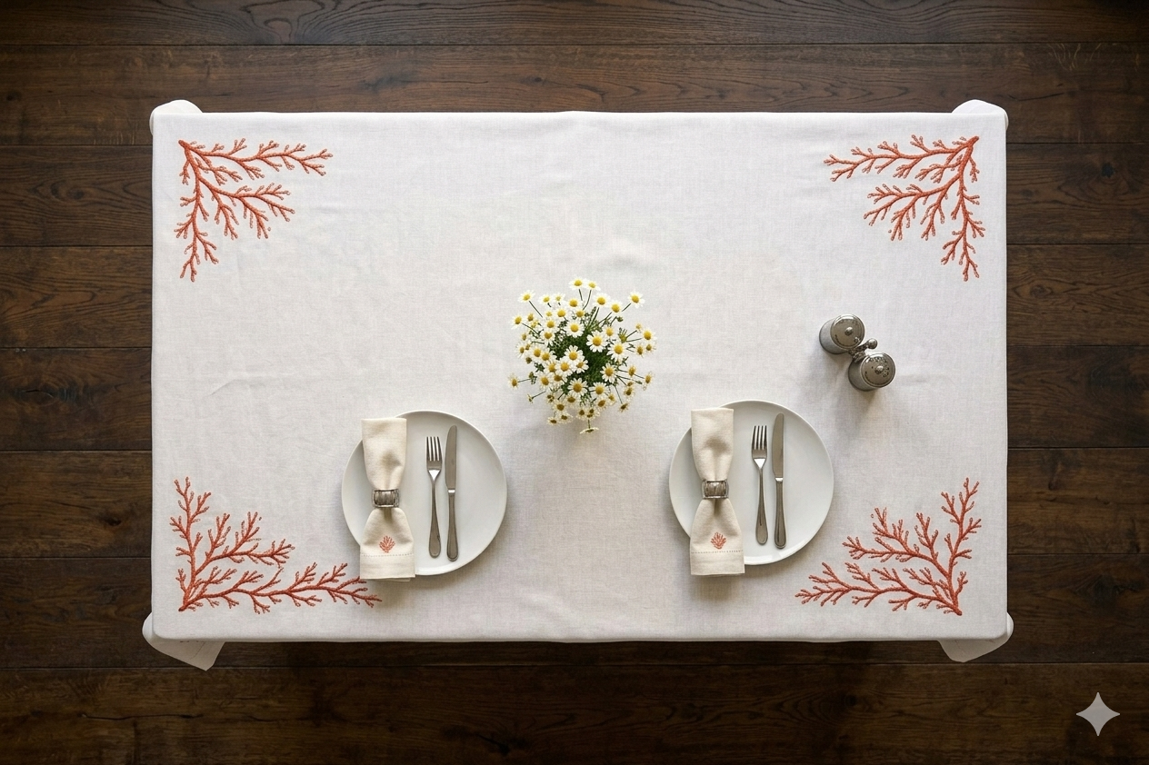 Khăn trải bàn vải lanh trắng thêu san hô _ bộ sưu tập mùa hè