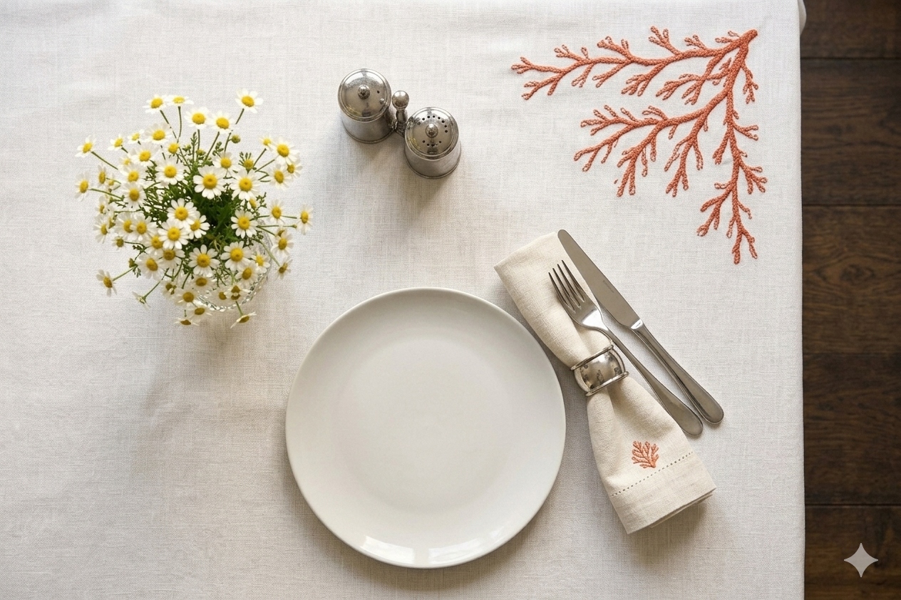 Khăn trải bàn vải lanh trắng thêu san hô _ bộ sưu tập mùa hè