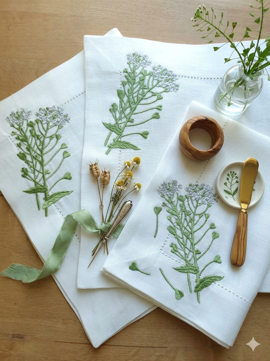 Khăn ăn vải lanh thêu hoa cỏ _bộ sưu tập mùa xuân