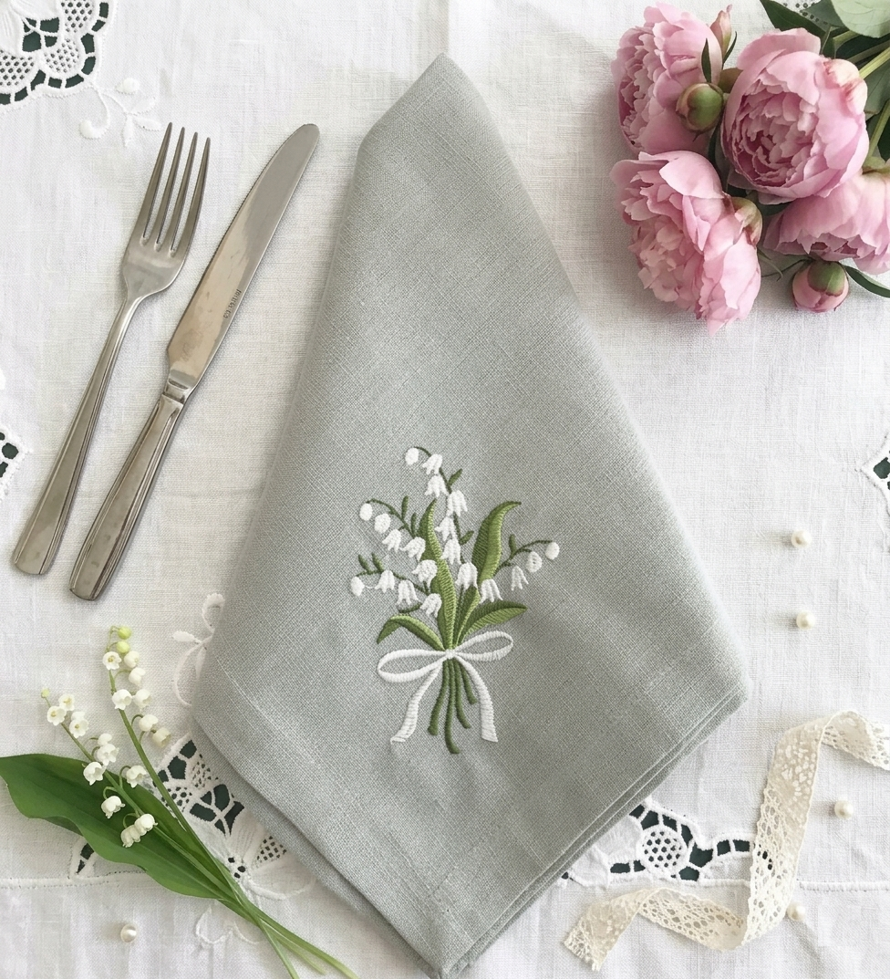 Khăn ăn vải lanh thêu hoa linh lan _ bộ sưu tập mùa xuân