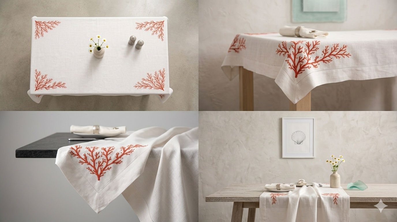 Khăn trải bàn vải lanh trắng thêu san hô _ bộ sưu tập mùa hè