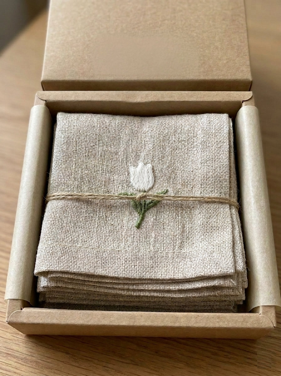 Khăn ăn vải lanh màu tự nhiên thêu hoa tulip sử dụng bàn ăn gia đình