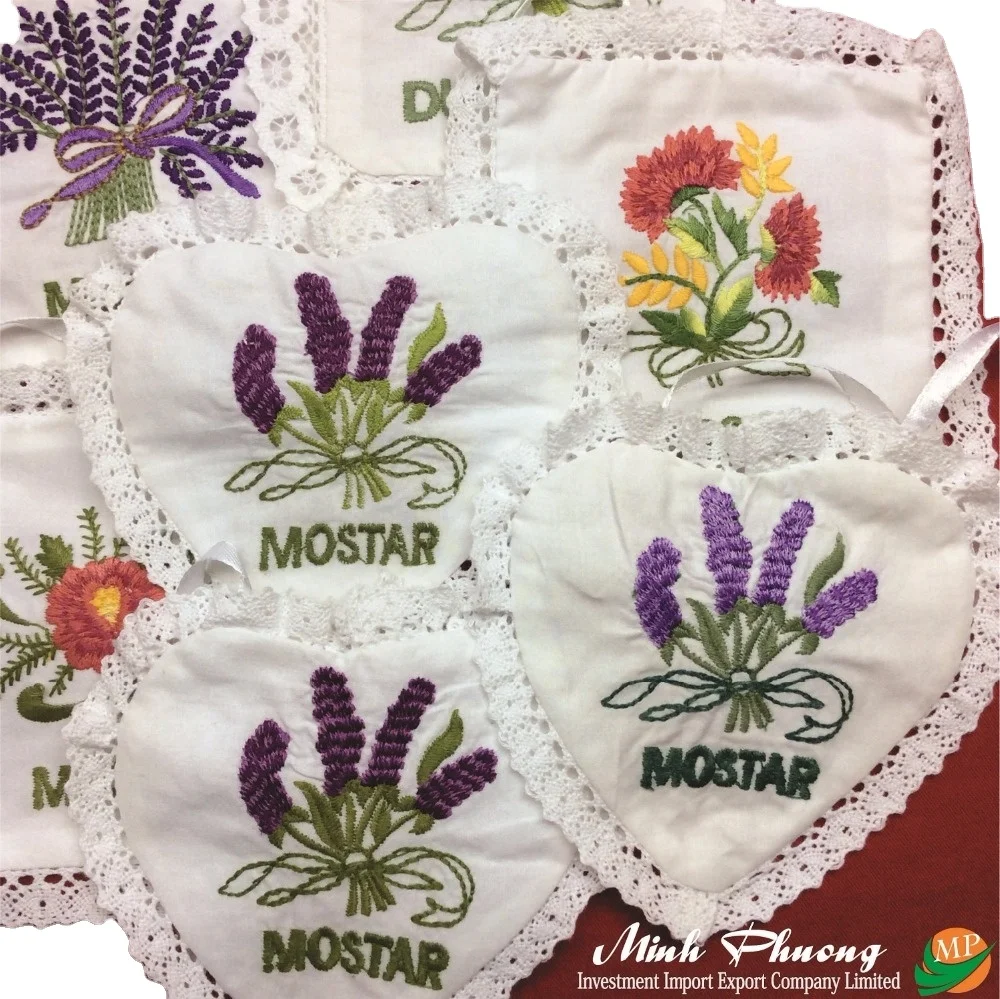 Túi đựng hoa khô hình trái tim thêu hình hoa lavender tím