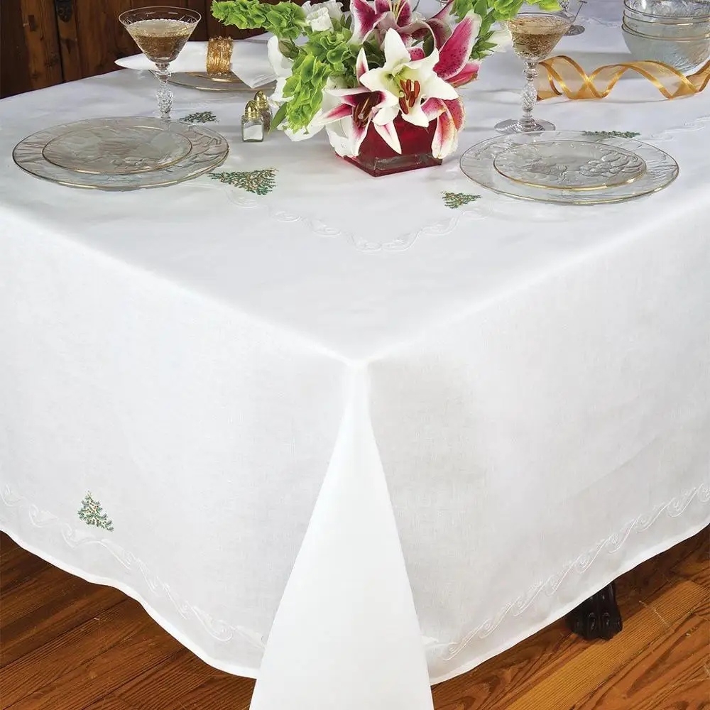 khăn trải bàn hình vuông thêu lá và xoắn ốc trắng