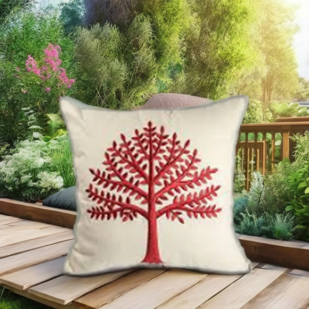 Gối tựa lưng thêu hình cây màu đỏ