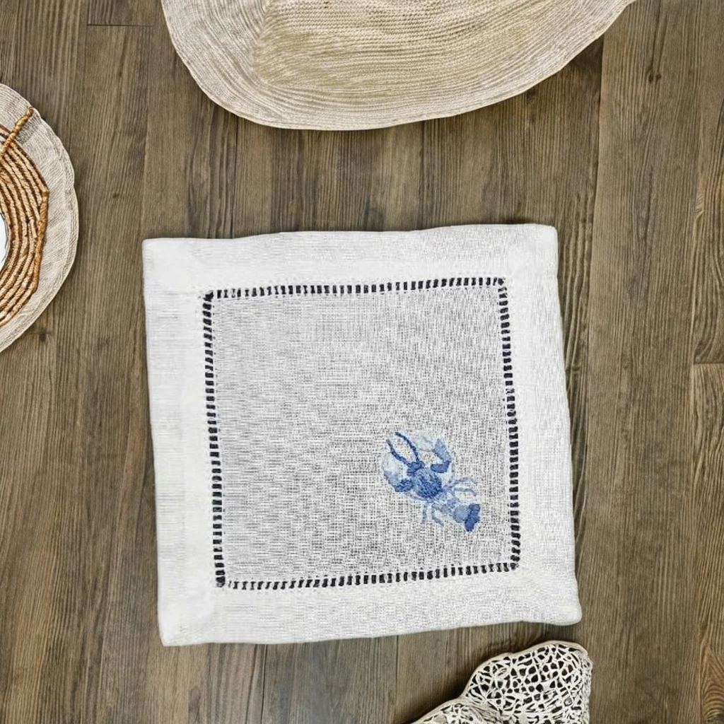 Lót Cốc thêu hình tôm biển màu xanh lam