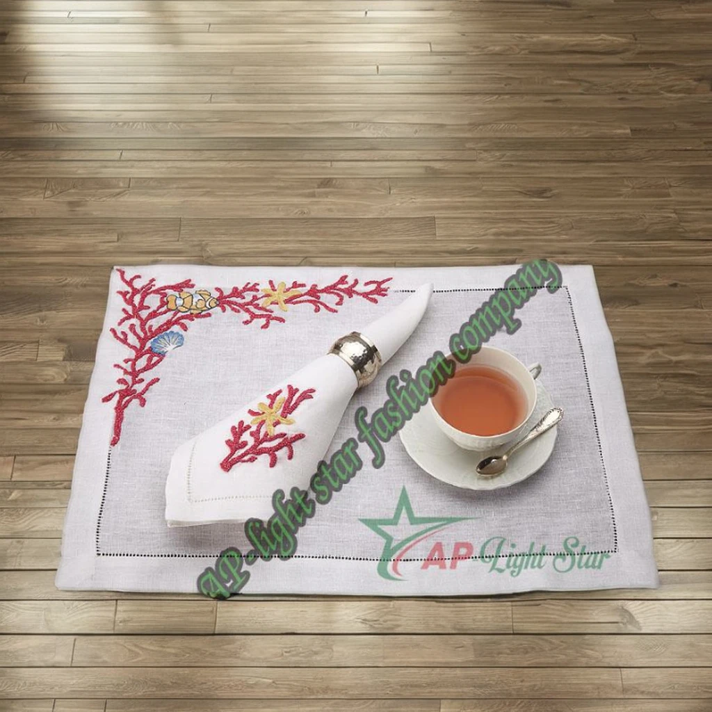 Bộ Khăn Ăn Và tấm Lót thêu hình san hô và động vật biển