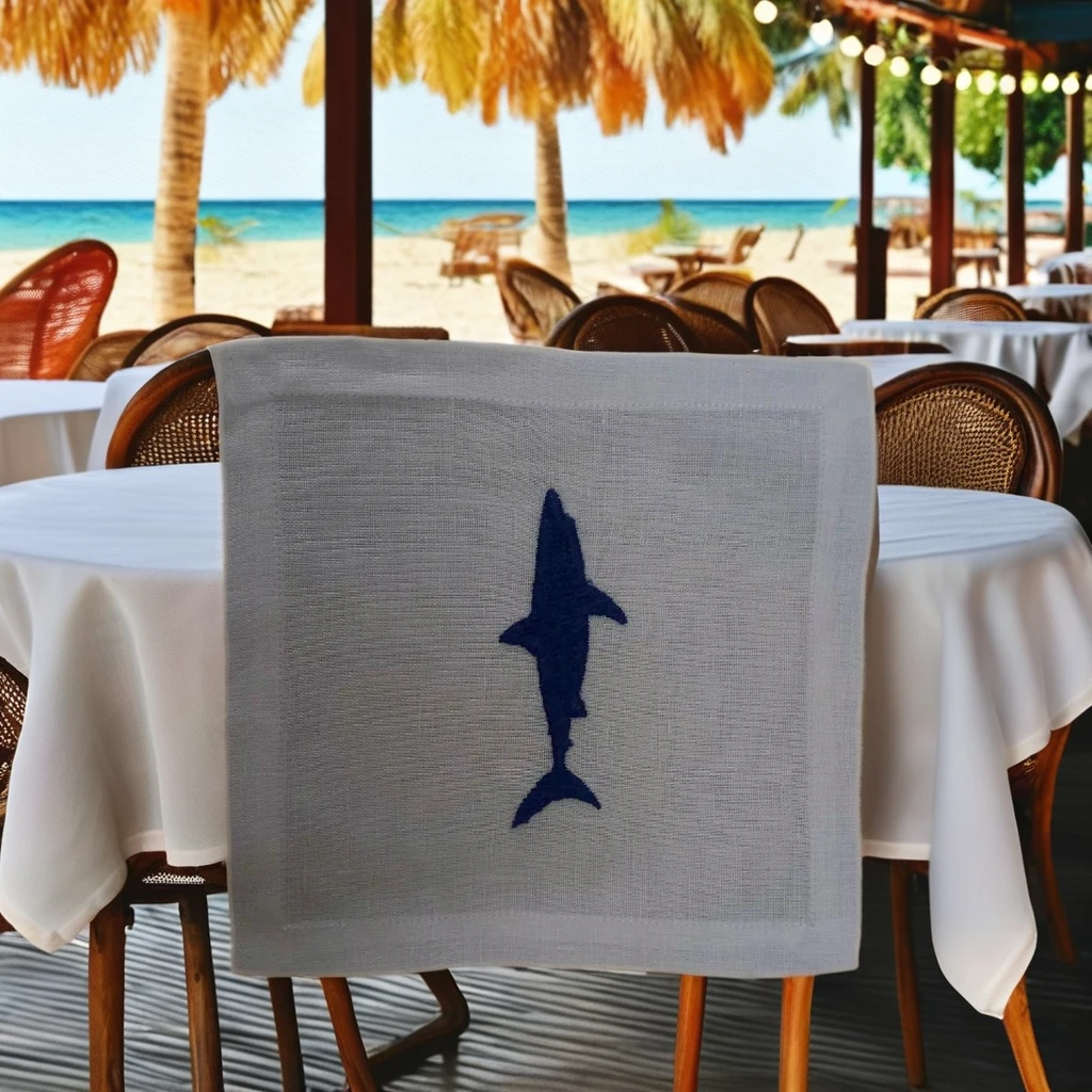 Bộ 08 lót cốc hình vuông màu xanh lam thêu hình cá mập